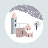 winter landschap. besneeuwd huizen. ronde illustratie. vector sjabloon