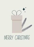 vrolijk Kerstmis groet kaart met gemakkelijk geschenk doos en boom Afdeling en belettering. hand- getrokken vector