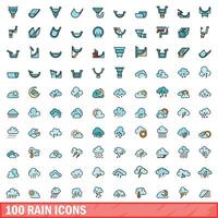 100 regen pictogrammen set, kleur lijn stijl vector