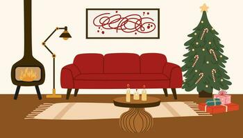 Kerstmis leven kamer modern interieur. haard, fauteuil met kussen, Kerstmis guirlande, Kerstmis boom, geschenken, vakantie decor. vector illustratie van meubilair voor huis geïsoleerd Aan wit achtergrond