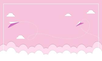 schattig papier gesneden roze hemelachtergrond met papieren vliegtuigen voor banner. vector illustratie