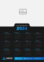 2024 donker muur kalender vector illustratie. week begint Aan zondag, gemakkelijk ontwerper ontwerp sjabloon, 2024 jaar zakelijke bedrijf kalender ontwerp sjabloon. muur, bureau of bedrijf ontwerper kalender.