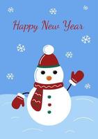 nieuwjaarswenskaart. schattige sneeuwpop in wanten en pet. sneeuwvlokken vallen en inscriptie gelukkig nieuwjaar. wintervakantie concept. vectorillustratie. vector