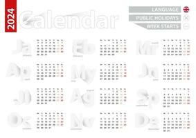 kalender voor 2024 jaar in Engels taal, grijs vector kalender