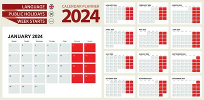 2024 kalender ontwerper ontwerp. week begint van maandag vector
