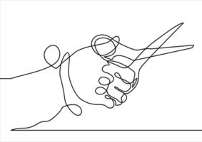 lijn illustratie van menselijk hand- Holding schaar-continu lijn tekening vector