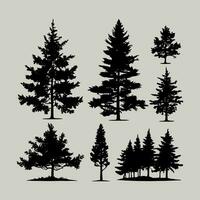 wijnoogst bomen en Woud silhouetten set, zwart pijnboom bossen ontwerp Aan wit achtergrond vector
