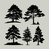 wijnoogst bomen en Woud silhouetten set, vlak icoon ontwerp vector Aan wit achtergrond