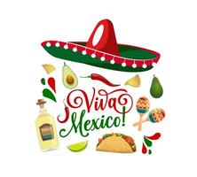 viva Mexico banier met sombrero en tex Mex voedsel vector