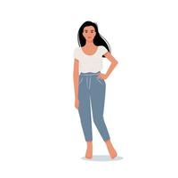 moderne vrouw met lang donker haar in jeans en t-shirt. vector vrouwelijk personage in vlakke stijl