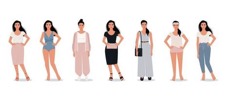 stijlvolle moderne vrouw in vlakke stijl. vector vrouwelijke personages in verschillende kleding. comfortabele huiskleding. avond outfit. kantoorkostuum