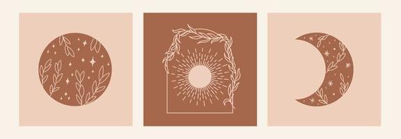 boho mystieke doodle esoterische set. magische line art poster met zon, bladeren, maan en sterren. Boheemse moderne vectorillustratie vector