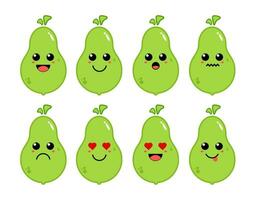 reeks van schattig tekenfilm kleurrijk groen Peer fruit met verschillend emoties. grappig emoties karakter verzameling voor kinderen. fantasie karakters. vector illustraties, tekenfilm vlak stijl