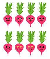 reeks van schattig tekenfilm kleurrijk roze rode biet met verschillend emoties. grappig emoties karakter verzameling voor kinderen. fantasie karakters. vector illustraties, tekenfilm vlak stijl