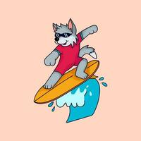 schattig wolf surfing vector illustratie, vlak tekenfilm stijl