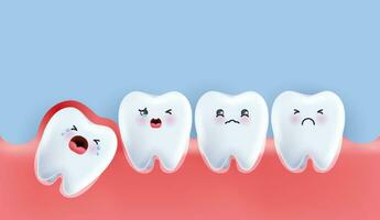 wijsheid tanden onder de tandvlees oorzaak pijn in de mond. beïnvloed wijsheid tand karakter voortvarend aangrenzend tanden veroorzaken ontsteking, kiespijn, gom pijn. vector ontwerp.