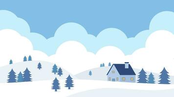 winter landschap illustratie met pijnboom bomen, wolken, en huis. winter behang met vlak stijl ontwerp. winter sneeuw illustratie met tekenfilm stijl vector