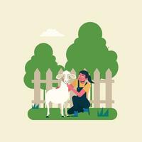 schetsen tekenfilm tekens vrouw boer nemen zorg van schattig geiten vector