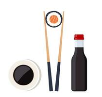 soja saus, eetstokjes met sushi stuk rollen. Japans keuken, traditioneel voedsel. vector illustratie.