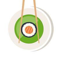 wasabi in een schaal, eetstokjes met sushi stuk rollen onder de schaal. Japans keuken, traditioneel voedsel. vector illustratie.