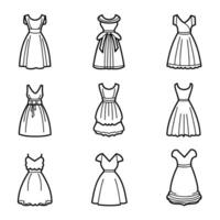 stoutmoedig zwart lineair lijnen verzameling van Dames jurken, vlak hand- getrokken contouren, wijnoogst vrouw mode vector illustratie.