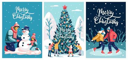 een reeks van Kerstmis kaarten. vader en dochter zijn maken een sneeuwman. de paar is het schaatsen. de familie is decoreren de Kerstmis boom. vlak, tekenfilm vector