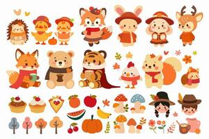 groot reeks van schattig bos- dieren verzameld samen in herfst. de dieren omvatten een vos, beer, eekhoorn, egel, hert, tijger en konijn. vallen seizoen stickers en clip art. dankzegging ontwerp Aan wit vector