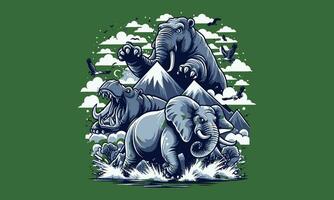 olifant en nijlpaard Aan berg vector artwork ontwerp
