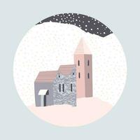 winter landschap. besneeuwd huizen. ronde illustratie. vector sjabloon