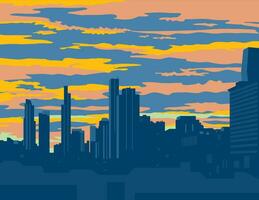 chicago stad horizon met wolkenkrabbers Bij schemer wpa poster kunst vector