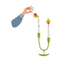 persoon gaan naar licht kaars met wedstrijd. menselijk hand- Holding lucifer. kaarsen in modern kandelaar. hygge, concept van Scandinavisch levensstijl. vlak stijl hand- getrokken vector illustratie.