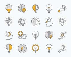 brainstorm pictogrammen instellen. kunstlicht, hersenen, gloeilamp, creatief, ontwikkeling, kennis, brainstormen, brainstormoplossing. vector illustratie