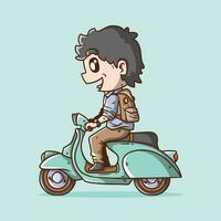 schattig gelukkig jongen tekenfilm vector illustratie rijden tosca retro wijnoogst klassiek scooter. retro klassiek scooter fiets vector