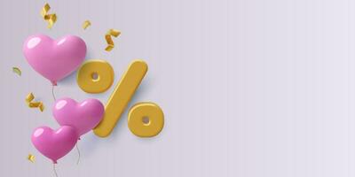 3d Valentijnsdag dag uitverkoop achtergrond met groot procent icoon hart ballon confetti februari 14 korting vector