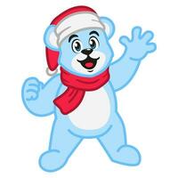 een schattig polair beer vervelend een de kerstman hoed en een sjaal vector