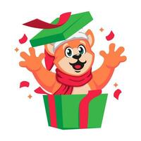 schattig tekenfilm hond in de kerstman hoed met geschenk doos vector