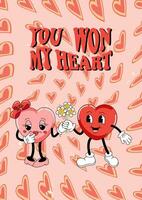 ansichtkaart, poster, Hoes door Valentijnsdag dag. tekenfilm grappig tekens in de vorm van een hart. retro stijl jaren 60, jaren 70. vector