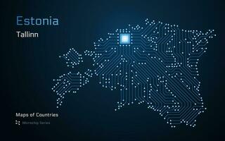 Estland kaart met een hoofdstad van Tallinn getoond in een microchip patroon met verwerker. e-overheid. wereld landen vector kaarten.