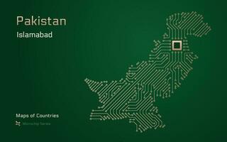 Pakistan kaart met een hoofdstad van islamabad getoond in een microchip patroon met verwerker. e-overheid. wereld landen vector kaarten.