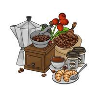 molen, koffie bonen, gebak, koffie drinken met koffie fruit illustratie vector