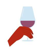 zwart vrouw hand- Holding een glas van rood wijn vlak vector illustratie