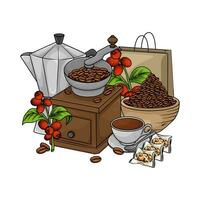 Slijper, koffie bonen, koffie drankje, koffie fruit, papieren zak met gebakje illustratie vector