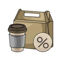 papieren zak, uitverkoop in knop met kop koffie drinken illustratie vector