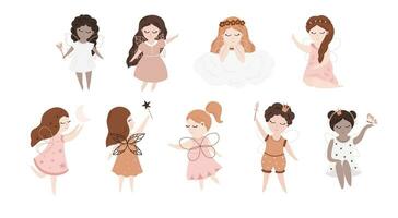 schattig mooi weinig feeën reeks tekenfilm vector illustratie. baby fee prinses hand- getrokken illustratie. pastel en delicaat kleuren voor kinderen ontwerp