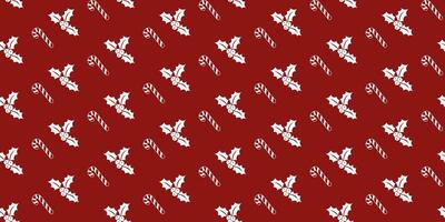 rood naadloos achtergrond met wit elementen van Kerstmis en nieuw jaar, symbolen van een snoep riet, een takje van hulst met bessen. vector illustratie.