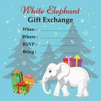 wit olifant geschenk aandelenbeurs. uitnodiging naar de wit olifant Kerstmis geschenk uitwisseling spel. pret en modern partij uitnodiging sjabloon. vector illustratie.