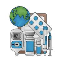 het dossier medicijn, medicijn, insuline pen, injectie suikerziekte, bloed suiker detector machine met aarde illustratie vector