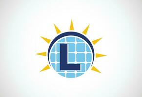 Engels alfabet l met zonne- paneel en zon teken. zon zonne- energie logo vector illustratie