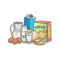 ontbijtgranen doos, brood, melk met ei illustratie vector