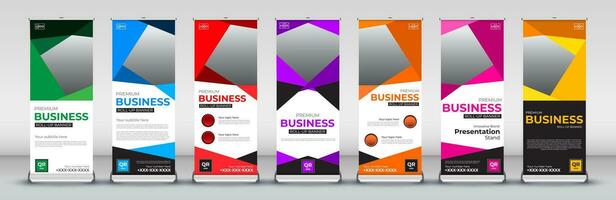 rollen omhoog banier ontwerp sjabloon voor bedrijf evenementen, jaar- vergaderingen, presentaties, marketing, promoties, met rood, blauw, groente, oranje, roze, geel en Purper afdrukken klaar kleuren vector